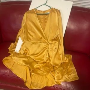 Gold color faux wrap long sleeve dress. Worn once to wedding. 3X